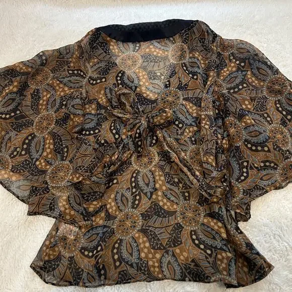 VTG Bandolino Womens Y2K Sz 14 Peasant Top Brown Blue Paisley Floral V NeckSheer - Picture 2 of 6
